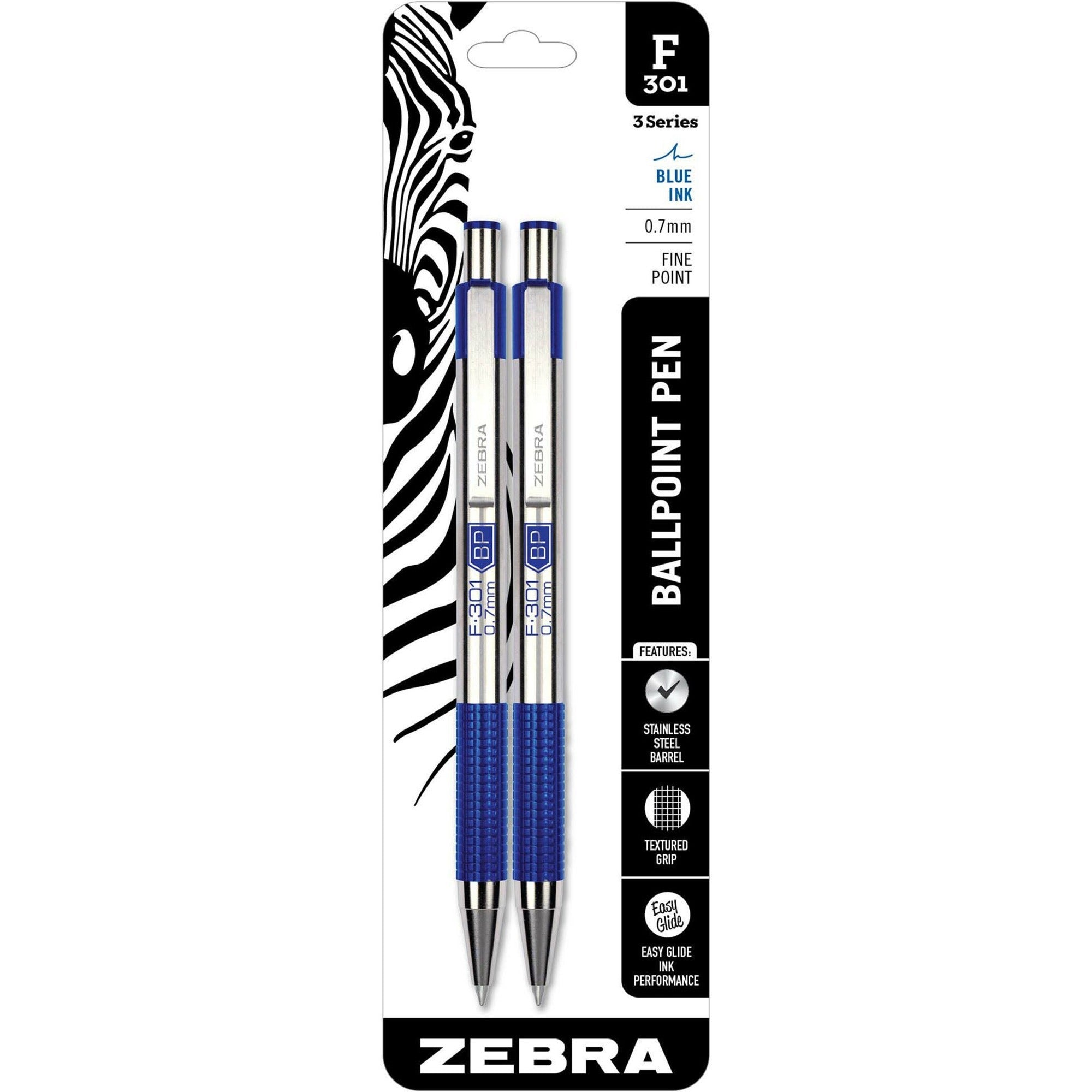 Zebra STEEL 3 Series F-301 Retractable Ballpoint Pen - Fine Pen Point - Refillable - Retractable - Blue Ink - Stainless Steel Stainless Steel, Blue Barrel - 2 / Pack