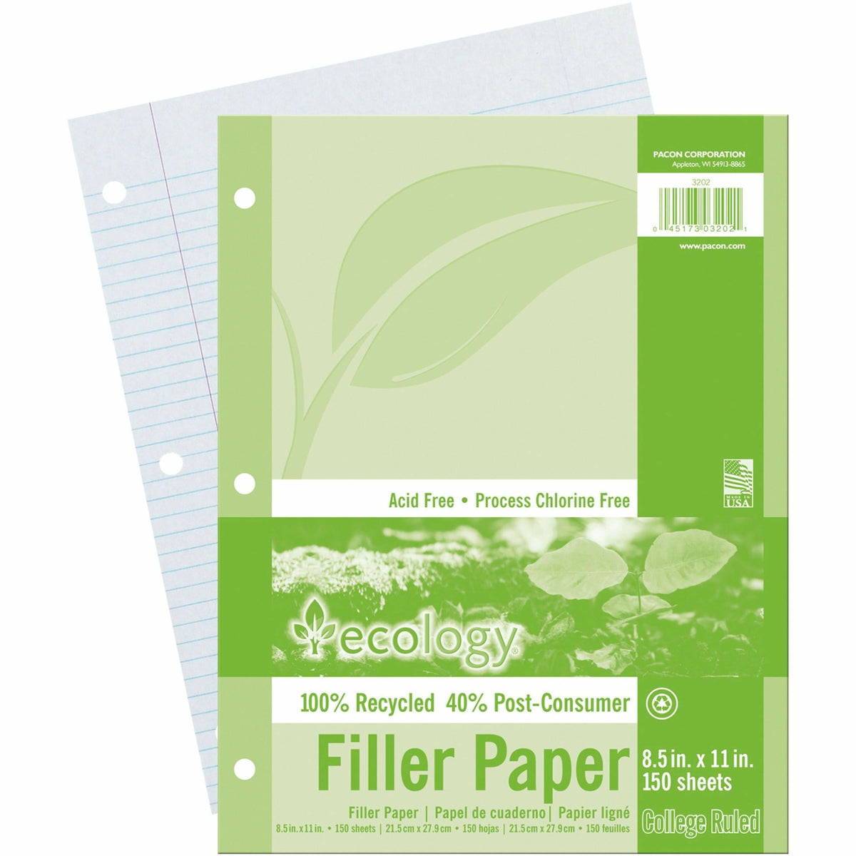 Ecology Recycled Filler Paper - Letter - 150 Sheets - College Ruled Front Ruling - 0.28" Ruled - Ruled Red Margin - 3 Hole(s) - Letter - 8 1/2" x 11" Sheet Size - White Paper - Recycled - 150 / Pack