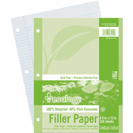 Ecology Recycled Filler Paper - Letter - 150 Sheets - College Ruled Front Ruling - 0.28" Ruled - Ruled Red Margin - 3 Hole(s) - Letter - 8 1/2" x 11" Sheet Size - White Paper - Recycled - 150 / Pack