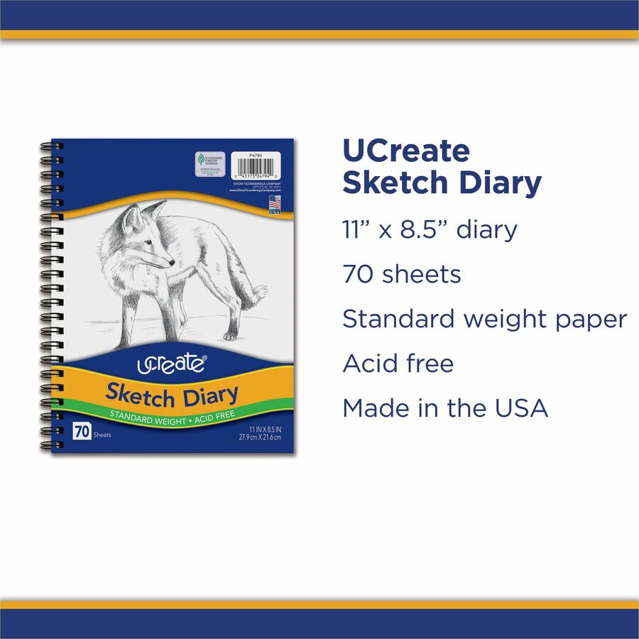 UCreate Art1st Sketch Diary - 70 Sheets - Plain - Spiral - 9" x 6" Sheet Size - White Paper - Acid-free - Recycled - 1 Pad
