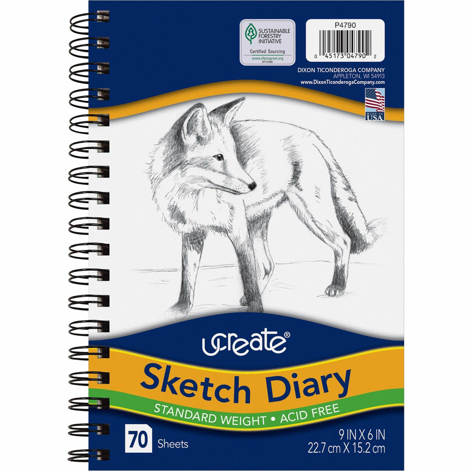 UCreate Art1st Sketch Diary - 70 Sheets - Plain - Spiral - 9" x 6" Sheet Size - White Paper - Acid-free - Recycled - 1 Pad