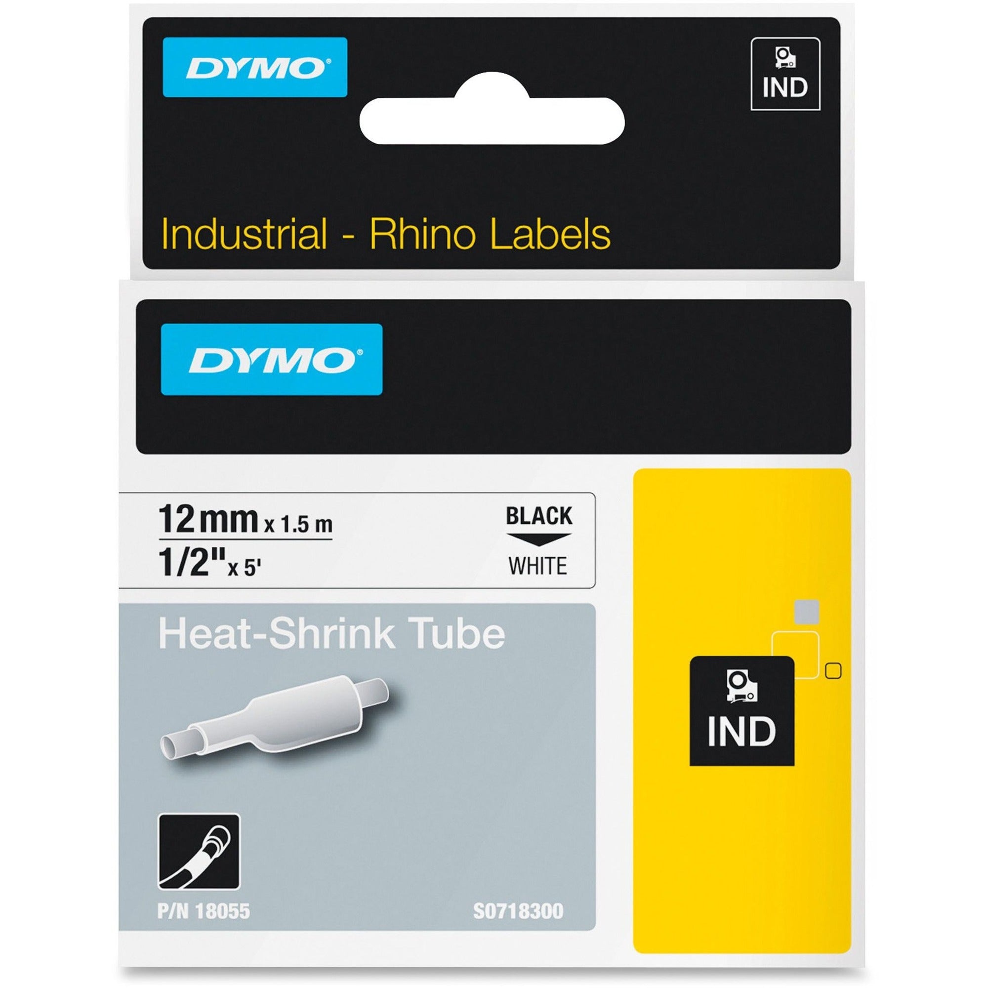 Dymo White Heat Shrink Tube - 15/32" Width x 59 1/16" Length - Rectangle - Thermal Transfer - Black on White, Black - Vinyl - Easy Peel, Removable - 1 Each