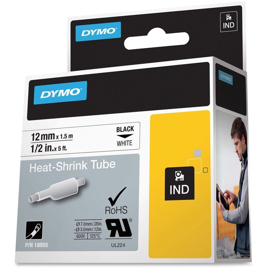 Dymo White Heat Shrink Tube - 15/32" Width x 59 1/16" Length - Rectangle - Thermal Transfer - Black on White, Black - Vinyl - Easy Peel, Removable - 1 Each