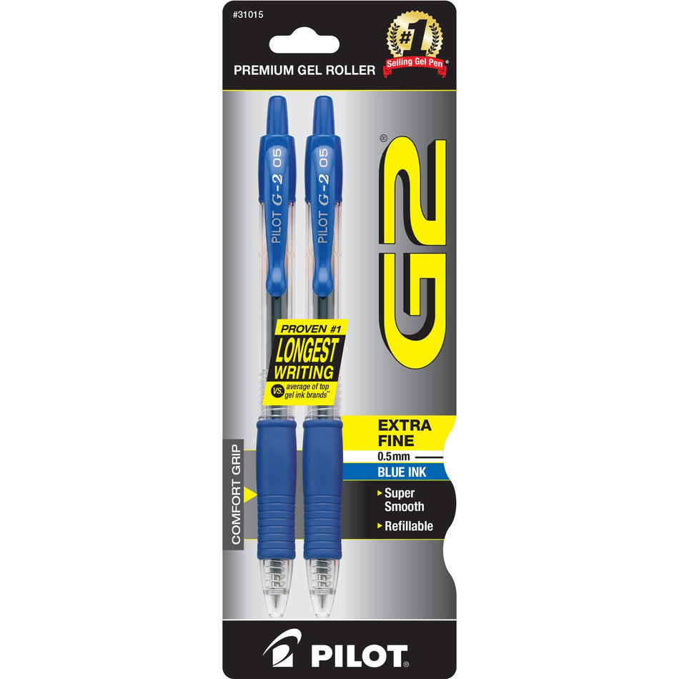 Pilot G2 Retractable Gel Ink Rollerball Pens - 0.5 mm Fine Pen Point - Refillable - Retractable - Blue Ink - Gel-based - 2 / Pack