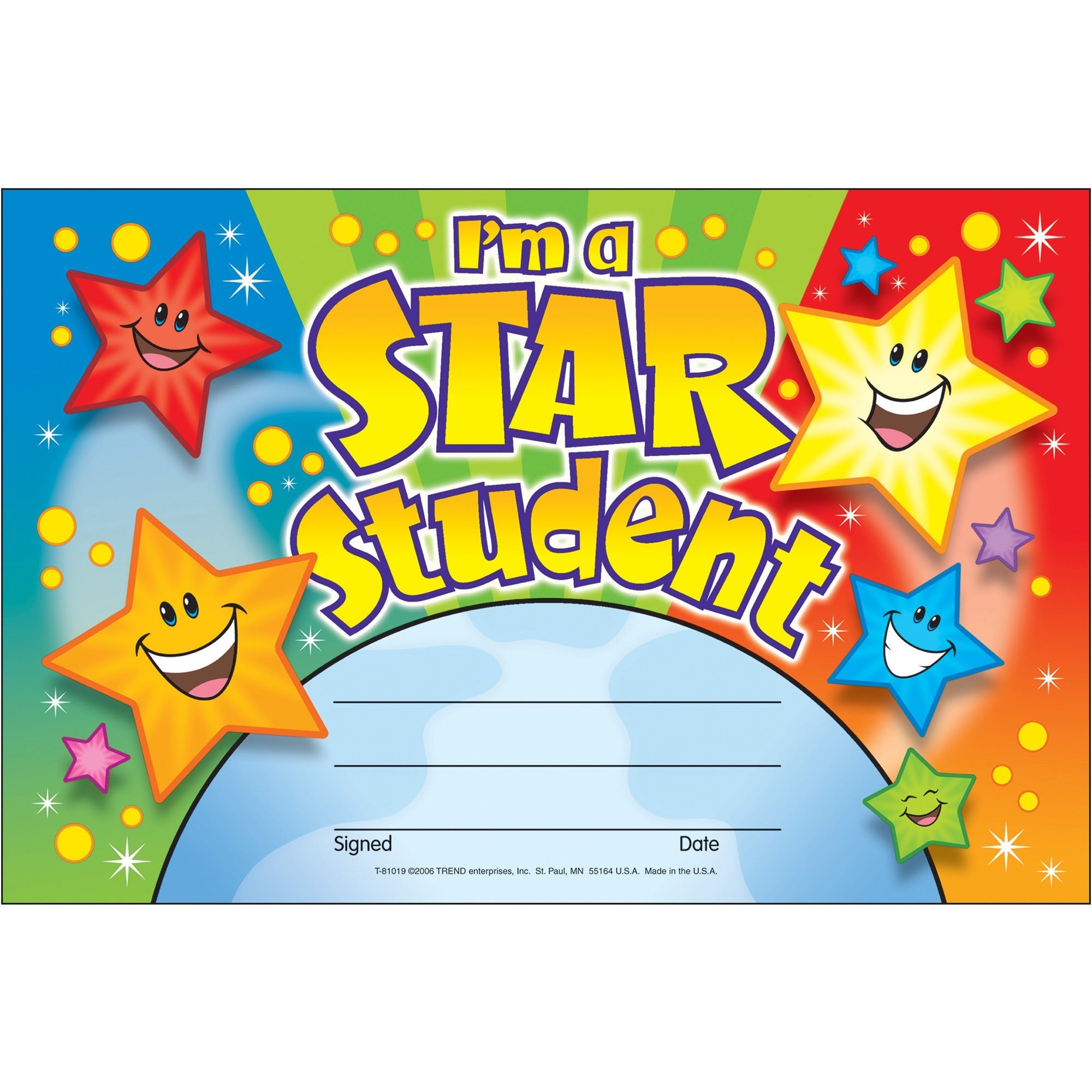 Trend I'm a Star Student Recognition Awards - 8.5" Width x 5.5" Length - Multicolor - 30 / Pack