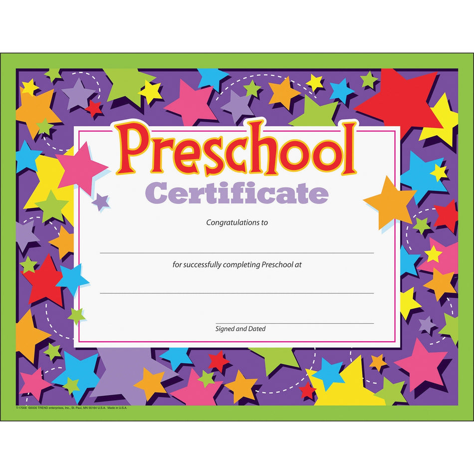 Trend Preschool Certificate - "Preschool Certificate" - 8.5" Width x 11" Length - Assorted - 30 / Pack
