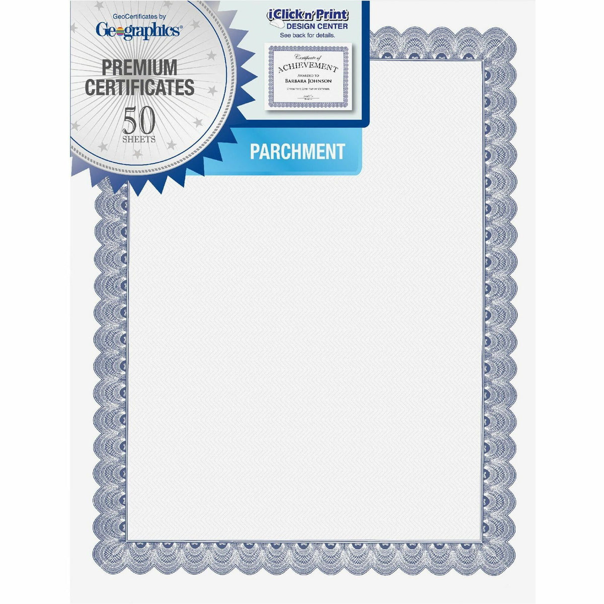 Geographics Conventnl Blue Printable Certificates - 24 lb Basis Weight - 11" Width x 8.5" Length - Inkjet, Laser Compatible - Blue with White Border - Parchment Paper - 50 / Pack