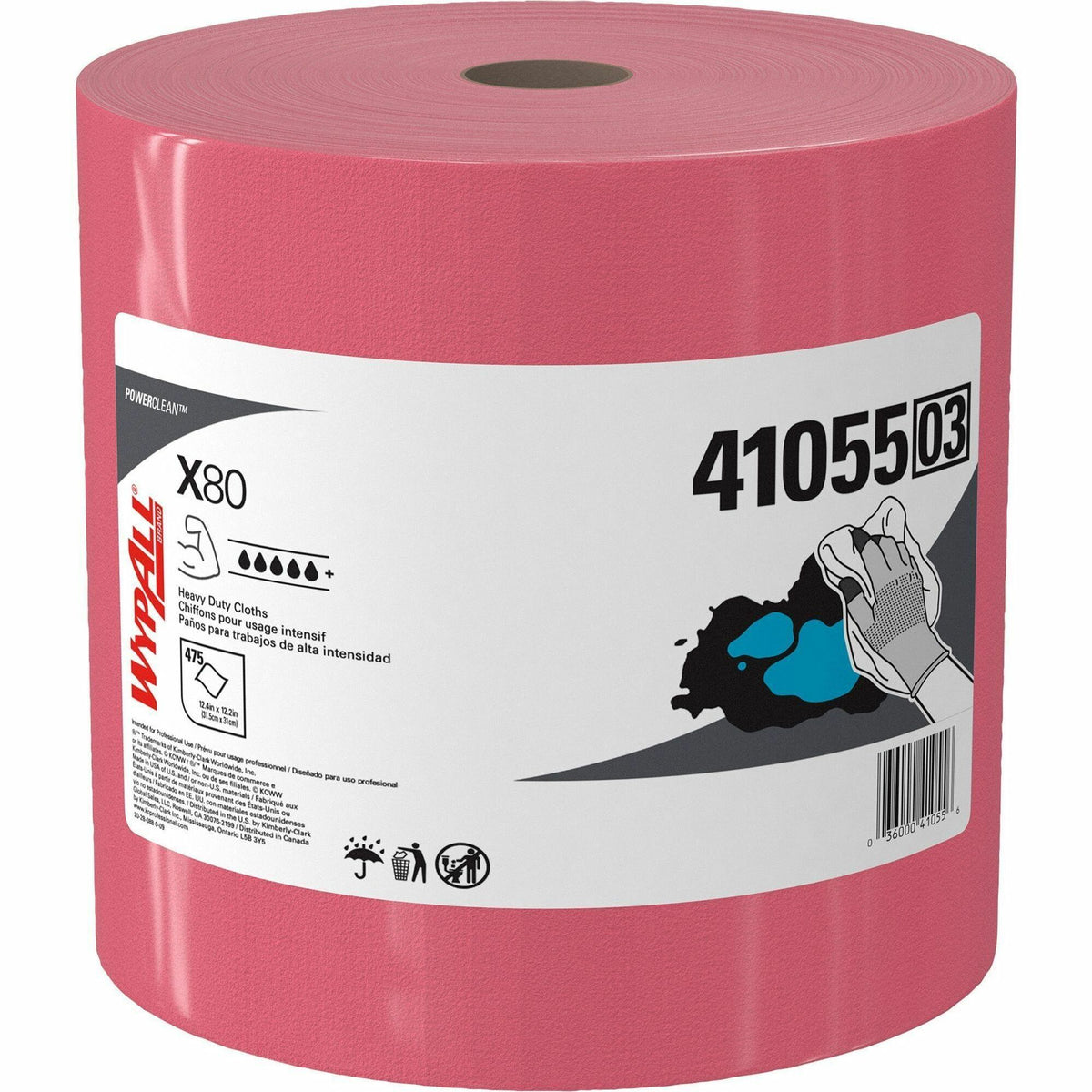 Wypall PowerClean X80 Heavy Duty Cloths Jumbo Roll - 12.50" Width x 12.20" Length - 475 Sheets/Roll - Red - 1 / Carton