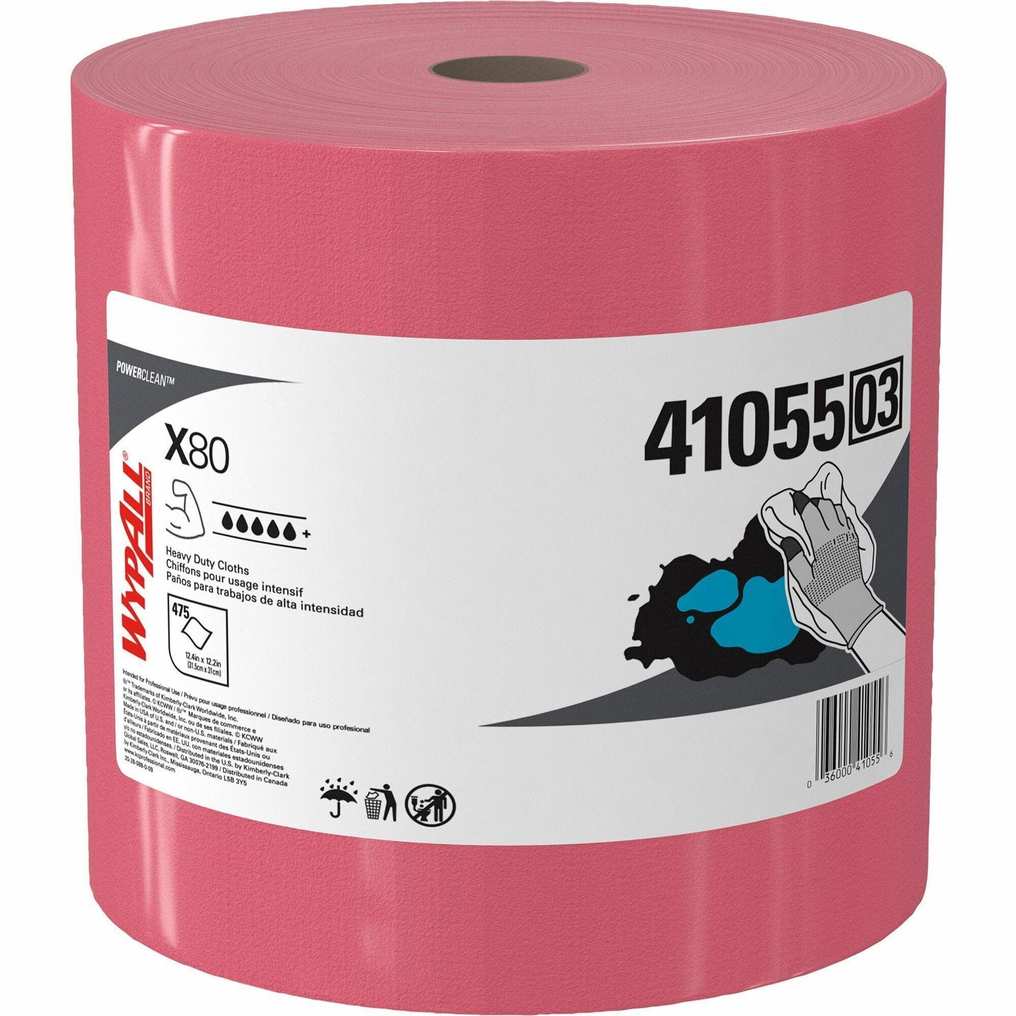 Wypall PowerClean X80 Heavy Duty Cloths Jumbo Roll - 12.50" Width x 12.20" Length - 475 Sheets/Roll - Red - 1 / Carton