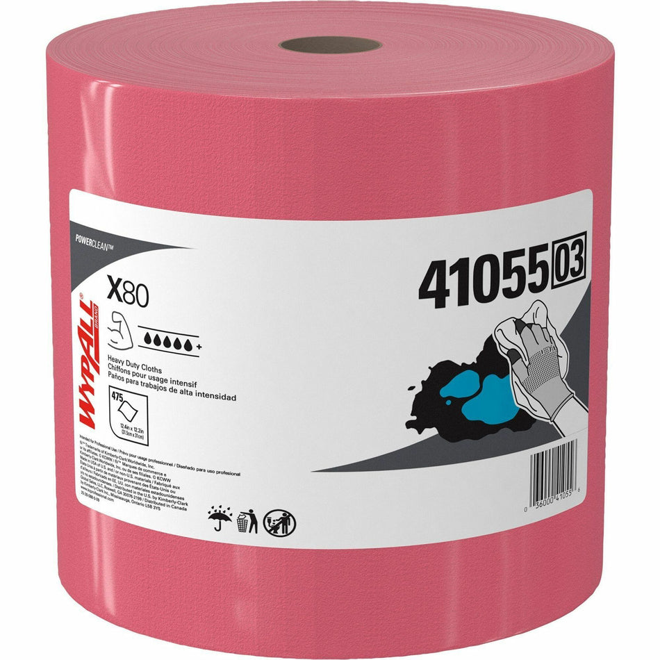 Wypall PowerClean X80 Heavy Duty Cloths Jumbo Roll - 12.50" Width x 12.20" Length - 475 Sheets/Roll - Red - 1 / Carton