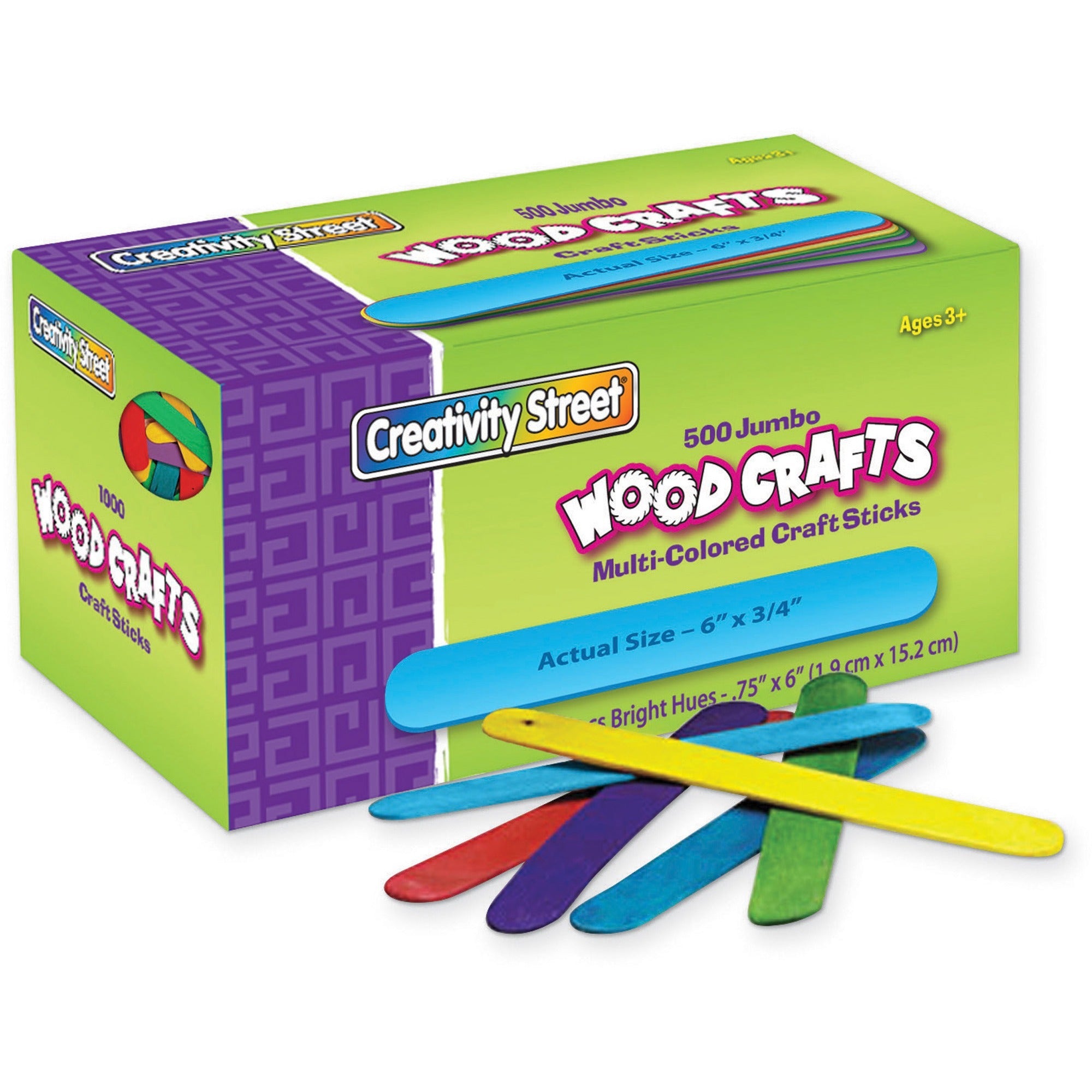 Creativity Street Jumbo Craft Sticks Bright Assortment - Craft, Project - 0.75" Width x 2" Thickness x 6" Length - Assorted - Wood - 500 / Box