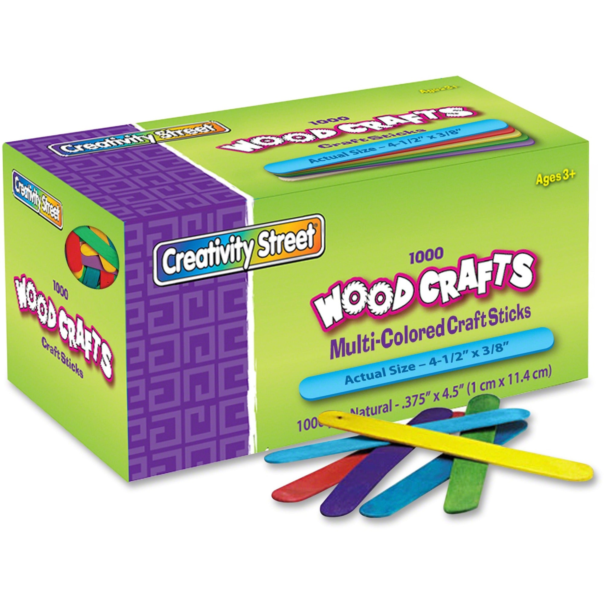 Creativity Street Bright Hues Wood Craft Sticks - Craft - 4.50" Height x 0.37" Width x 8" Length - Assorted, Blue, Green, Yellow - 1000 / Box
