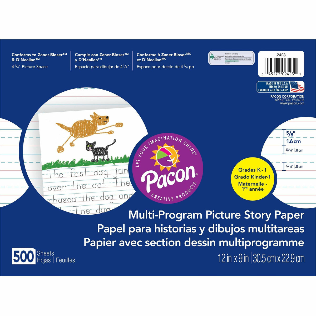 Pacon Multi-program Ruled Picture Story Paper - 500 Sheets - 0.63" Ruled - 4.25" Picture Story Space - 16 lb Basis Weight - 12" x 9" Sheet Size - White Paper - 500 / Ream