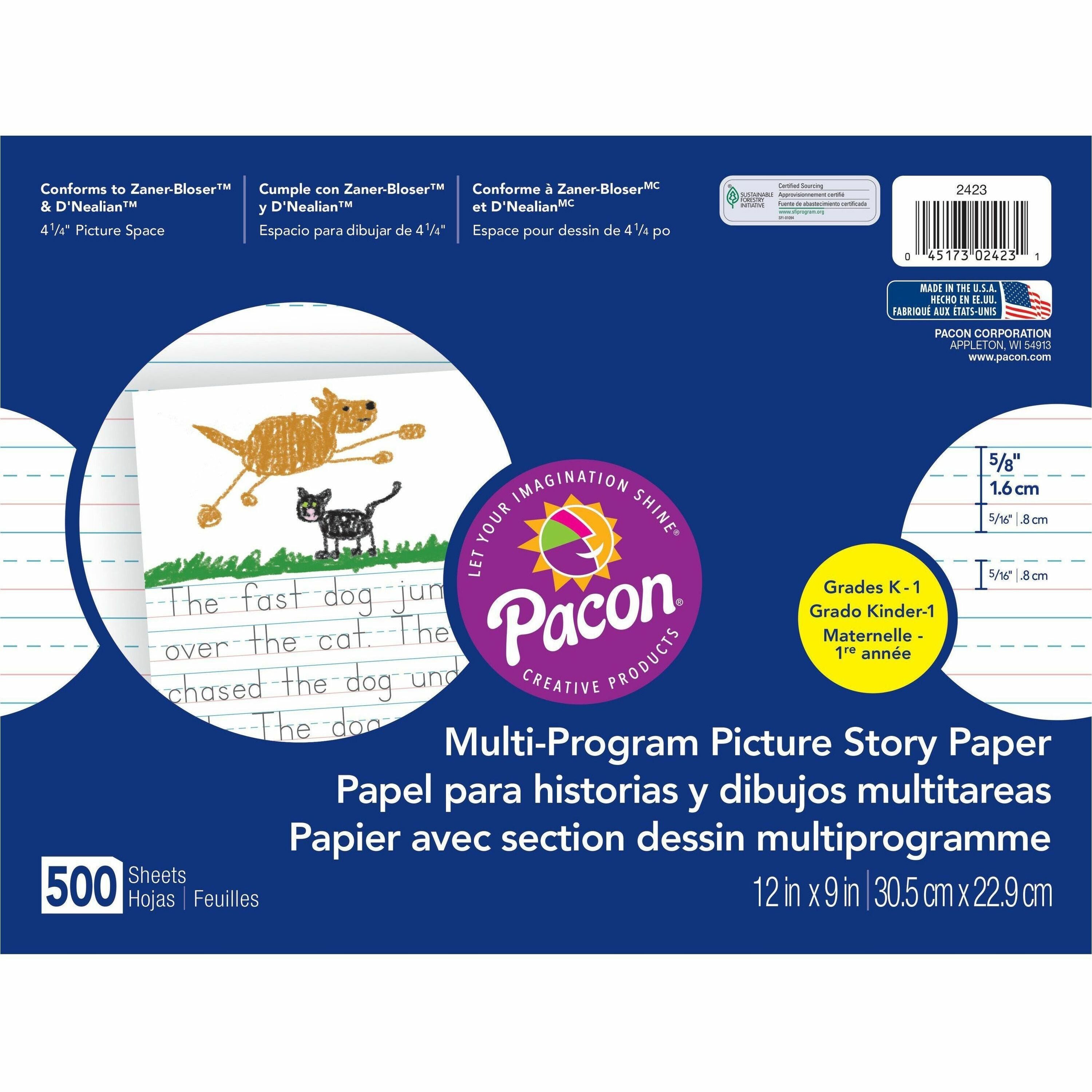 Pacon Multi-program Ruled Picture Story Paper - 500 Sheets - 0.63" Ruled - 4.25" Picture Story Space - 16 lb Basis Weight - 12" x 9" Sheet Size - White Paper - 500 / Ream