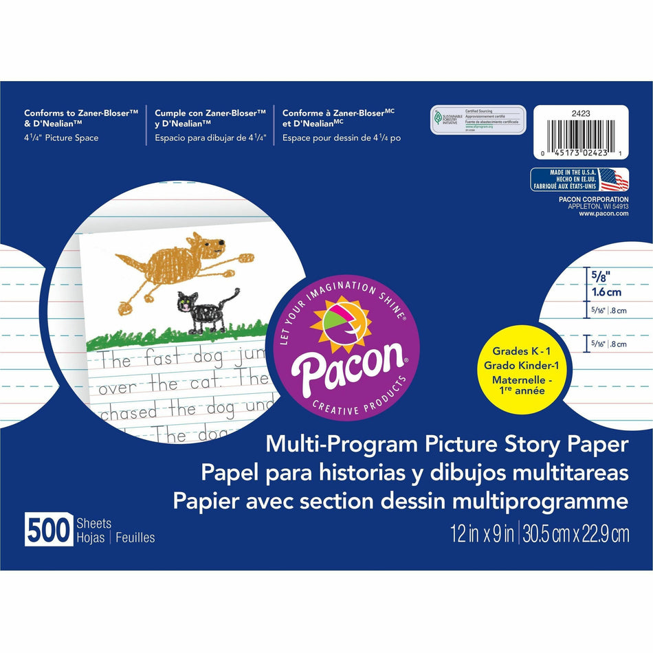 Pacon Multi-program Ruled Picture Story Paper - 500 Sheets - 0.63" Ruled - 4.25" Picture Story Space - 16 lb Basis Weight - 12" x 9" Sheet Size - White Paper - 500 / Ream