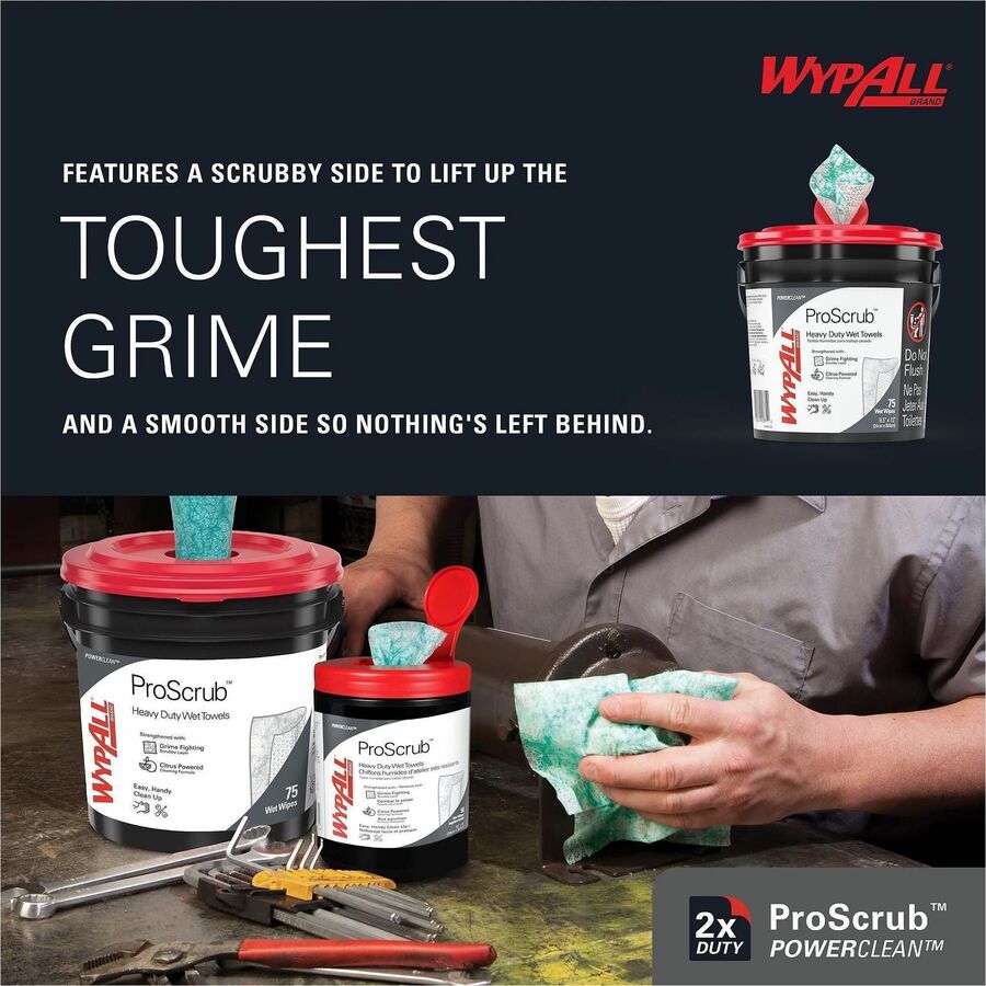 Wypall PowerClean ProScrub Heavy Duty Wet Towels - For Hand, Tool, Nonporous Surface - Orange Citrus Scent - 12" Length x 9.50" Width - Recommended For: Grease Remover, Grime Remover, Oil Remover - Pre-moistened - 75/Tub - 6 / Carton