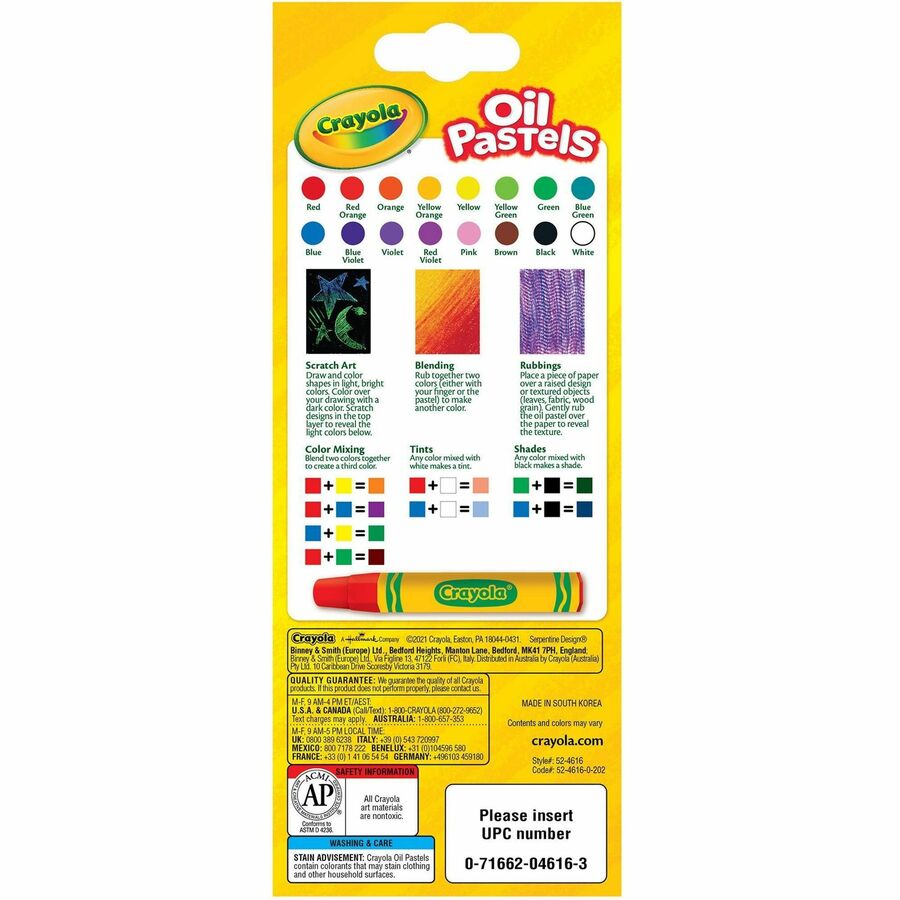 Crayola Opaque Colors Oil Pastels - Assorted, Red Orange, Red-violet, Violet, White, Yellow Green, Yellow-orange, Orange, Pink, Red, Green, ... - 16 / Set