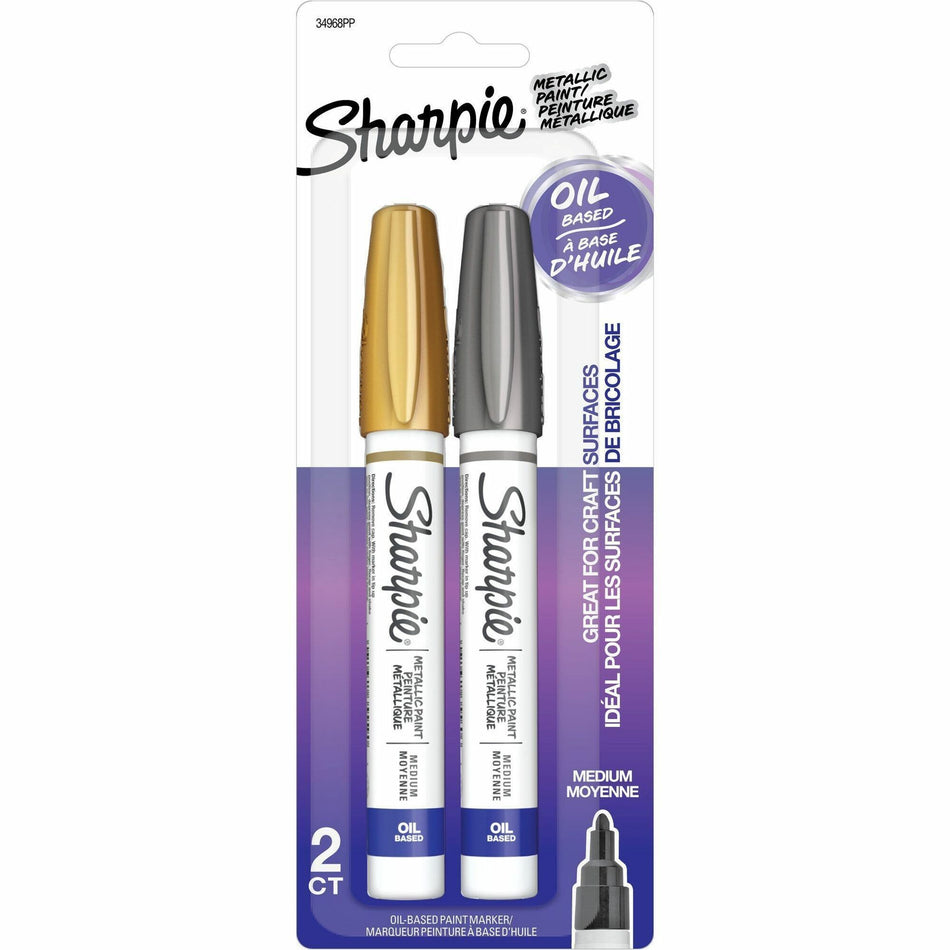 Sharpie Oil-Based Paint Marker - Medium Marker Point - Metallic Gold, Metallic Silver Ink - Oil Based - 2 / Pack