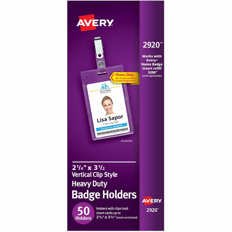 Avery® Heavy-Duty Badge Holders with Clips - Support 2.25" x 3.50" Media - Portrait - 2.3" Width x 3.3" Length - Polyvinyl Chloride (PVC) - Clear - Reusable, Durable, Top Loading, Secure, Clip-on, Heavy Duty - 50 / Box