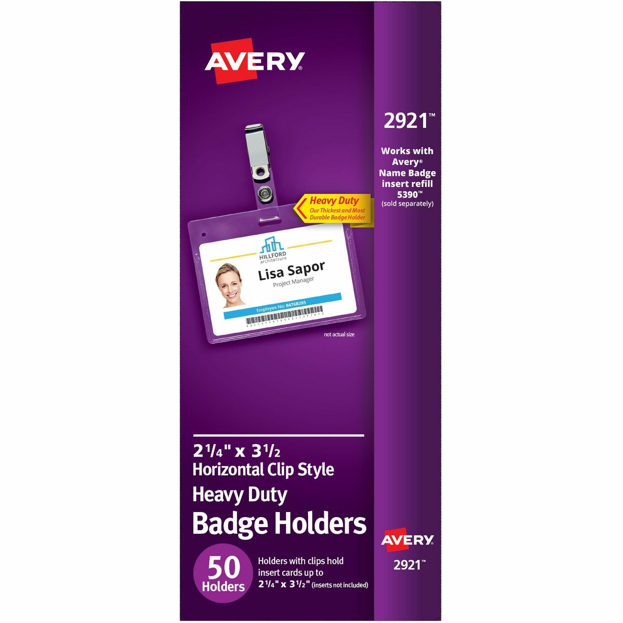 Avery® Heavy-Duty Badge Holders with Clips - Support 3.50" x 2.25" Media - Landscape - 3.5" Width x 2.3" Length - Polyvinyl Chloride (PVC) - Clear - Reusable, Durable, Top Loading, Secure, Clip-on, Heavy Duty - 50 / Box