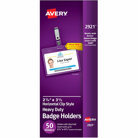 Avery® Heavy-Duty Badge Holders with Clips - Support 3.50" x 2.25" Media - Landscape - 3.5" Width x 2.3" Length - Polyvinyl Chloride (PVC) - Clear - Reusable, Durable, Top Loading, Secure, Clip-on, Heavy Duty - 50 / Box