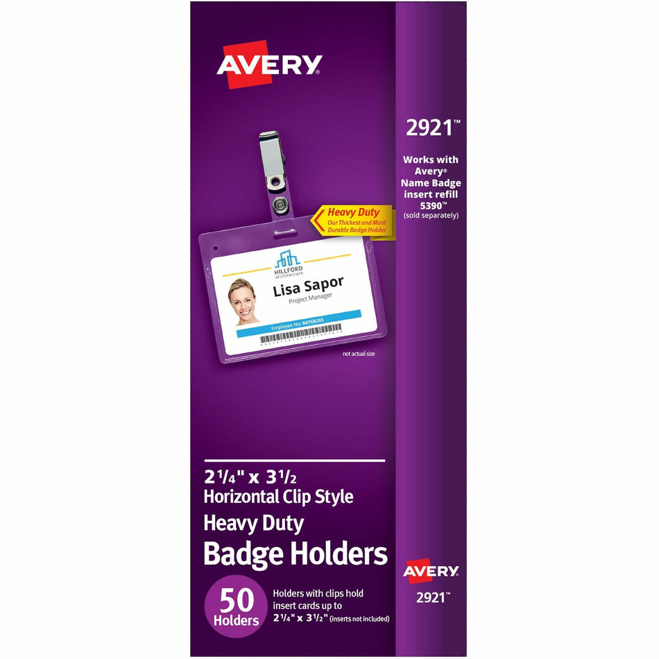 Avery® Heavy-Duty Badge Holders with Clips - Support 3.50" x 2.25" Media - Landscape - 3.5" Width x 2.3" Length - Polyvinyl Chloride (PVC) - Clear - Reusable, Durable, Top Loading, Secure, Clip-on, Heavy Duty - 50 / Box