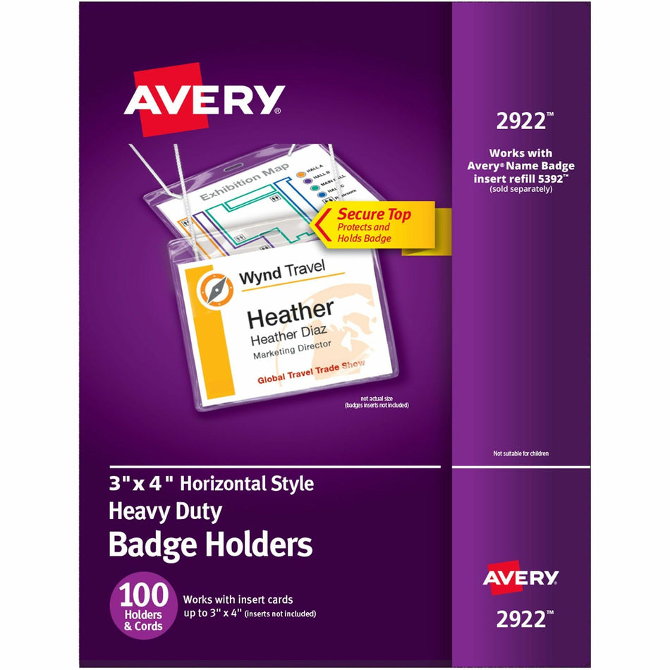 Avery® Heavy-Duty Hanging-Style Badge Holders - Support 3" x 4" Media - Landscape - Polyvinyl Chloride (PVC) - Clear - Reusable, Durable, Top Loading, Secure, Clip-on, Heavy Duty - 100 / Box