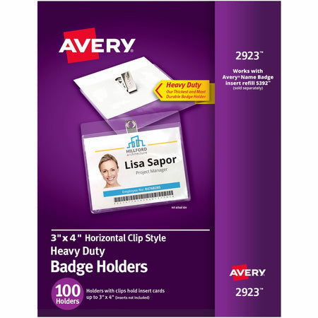 Avery® Heavy-Duty Clip-Style Badge Holders - Support 3" x 4" Media - Landscape - 4" Width x 3" Length - Polyvinyl Chloride (PVC) - Clear - Reusable, Durable, Top Loading, Secure, Clip-on - 100 / Box