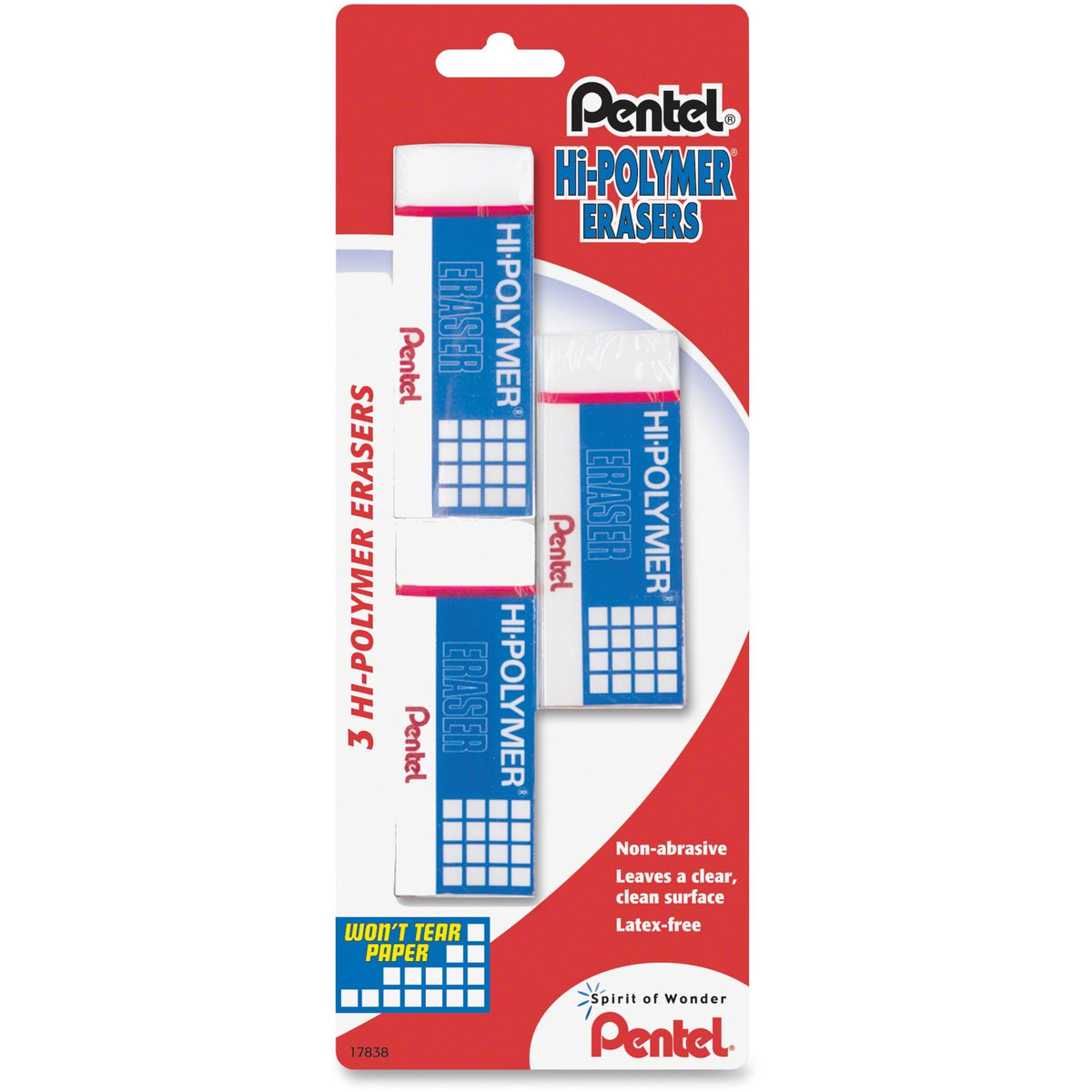 Pentel Hi-Polymer Eraser - White - Polyvinyl Chloride (PVC) - 3 / Pack - Tear Resistant, Scratch Resistant, Non-abrasive, Soft, Protective Sleeve, Crack Resistant
