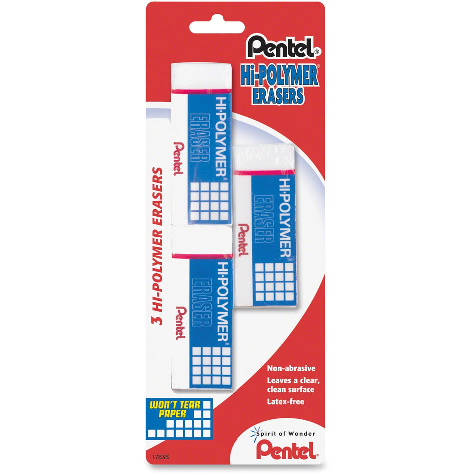 Pentel Hi-Polymer Eraser - White - Polyvinyl Chloride (PVC) - 3 / Pack - Tear Resistant, Scratch Resistant, Non-abrasive, Soft, Protective Sleeve, Crack Resistant