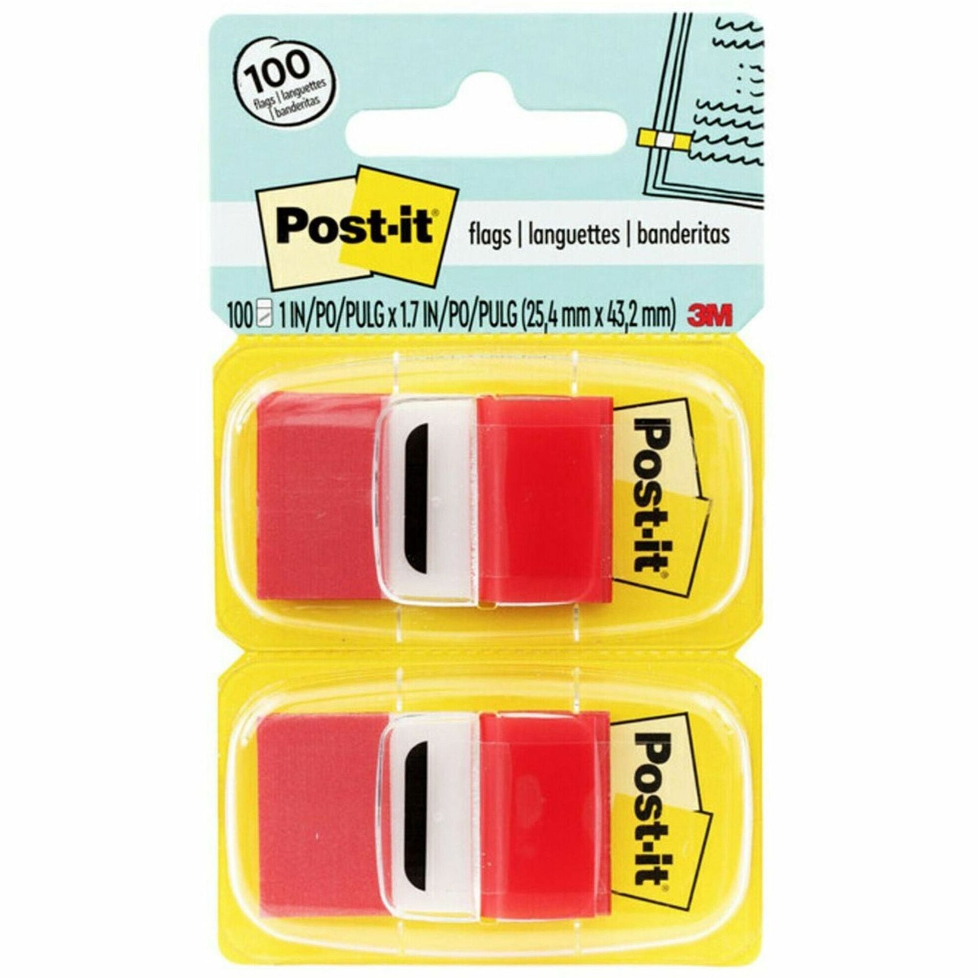 Post-it®  Red Flag Value Pack - 600 x Red - 1" Flag/Note Width x 1 3/4" Flag/Note Length - Rectangle - Unruled - Red - Removable, Writable - Dispenser Included - 50/Dispenser Box - 12 / Box