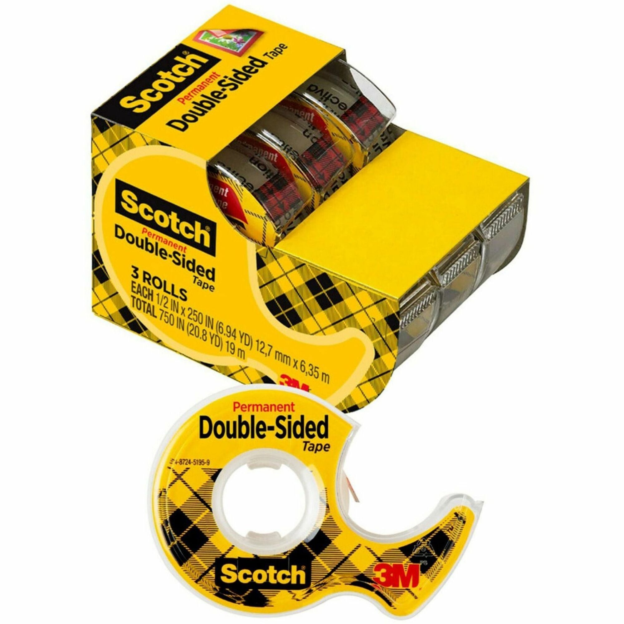 Scotch Double-Sided Tape - 20.83 ft Length x 0.50" Width - 1" Core - Clear - Dispenser Included - Handheld Dispenser - Long Lasting - For Attaching, Mounting - 3 / Pack