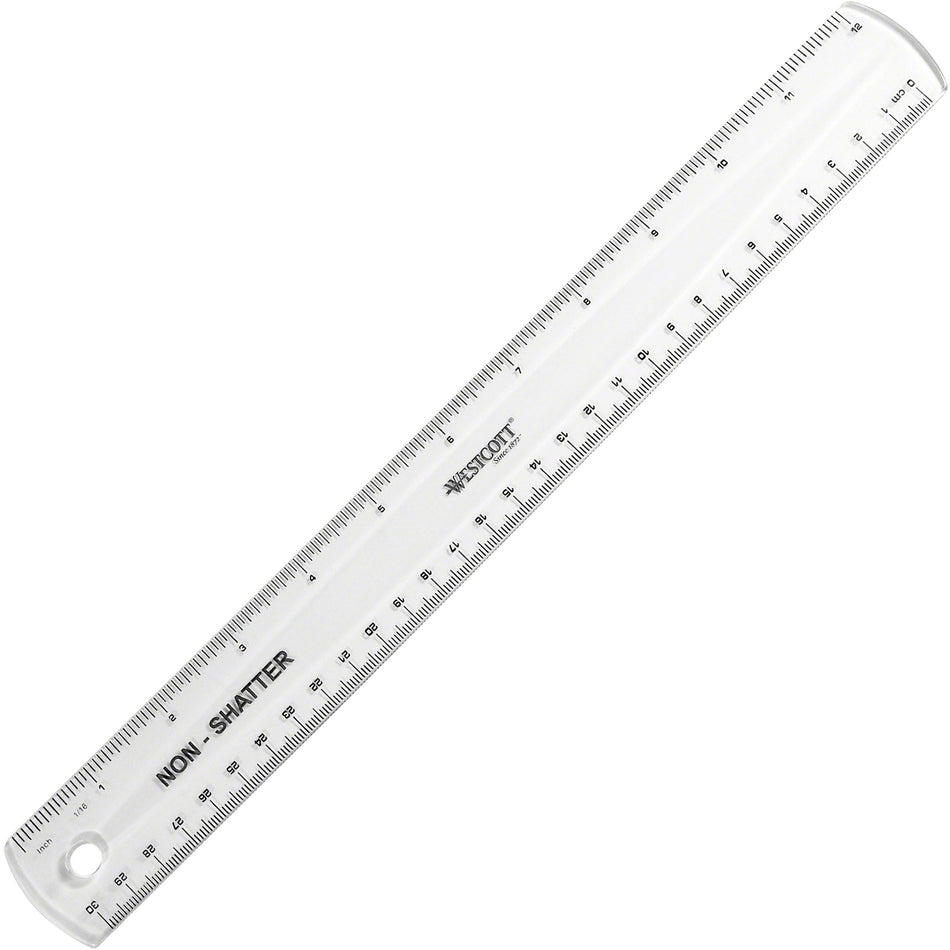 Westcott 12" Shatterproof Ruler - 12" Length - 1/16 Graduations - Imperial, Metric Measuring System - Plastic - Clear - 1 Each