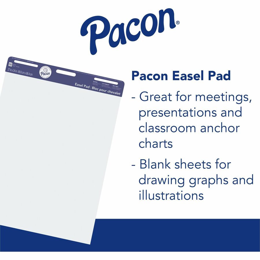 Pacon Unruled Easel Pads - 50 Sheets - Plain - Stapled/Glued - Unruled Front Ruling - 27" x 34" Sheet Size - White Paper - Chipboard Cover - Perforated, Bond Paper - 1 Pad