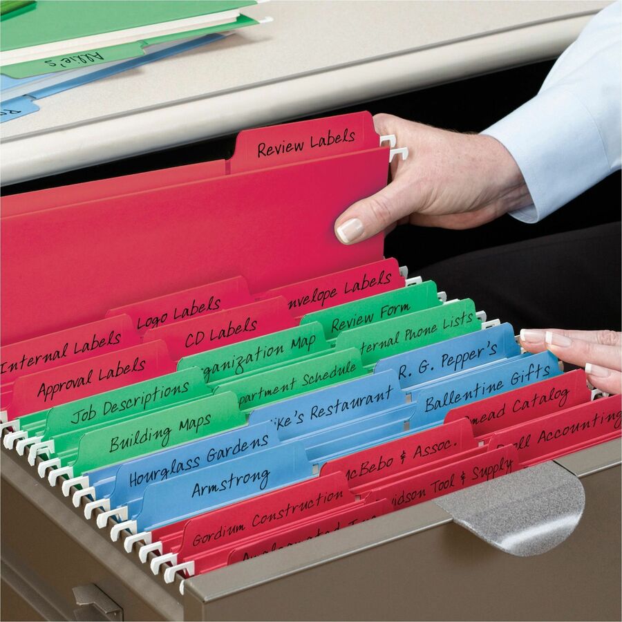 Smead FasTab 1/3 Tab Cut Letter Recycled Hanging Folder - 8 1/2" x 11" - Top Tab Location - Assorted Tab Position - 11 pt. - 2 Plys - Blue, Green, Red - Reinforced Tab, Embossed - 10% Recycled - 18 / Box