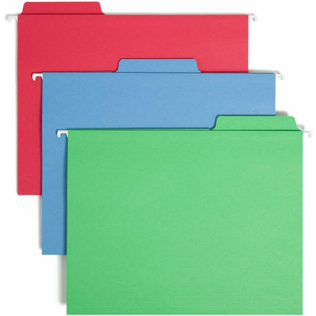 Smead FasTab 1/3 Tab Cut Letter Recycled Hanging Folder - 8 1/2" x 11" - Top Tab Location - Assorted Tab Position - 11 pt. - 2 Plys - Blue, Green, Red - Reinforced Tab, Embossed - 10% Recycled - 18 / Box