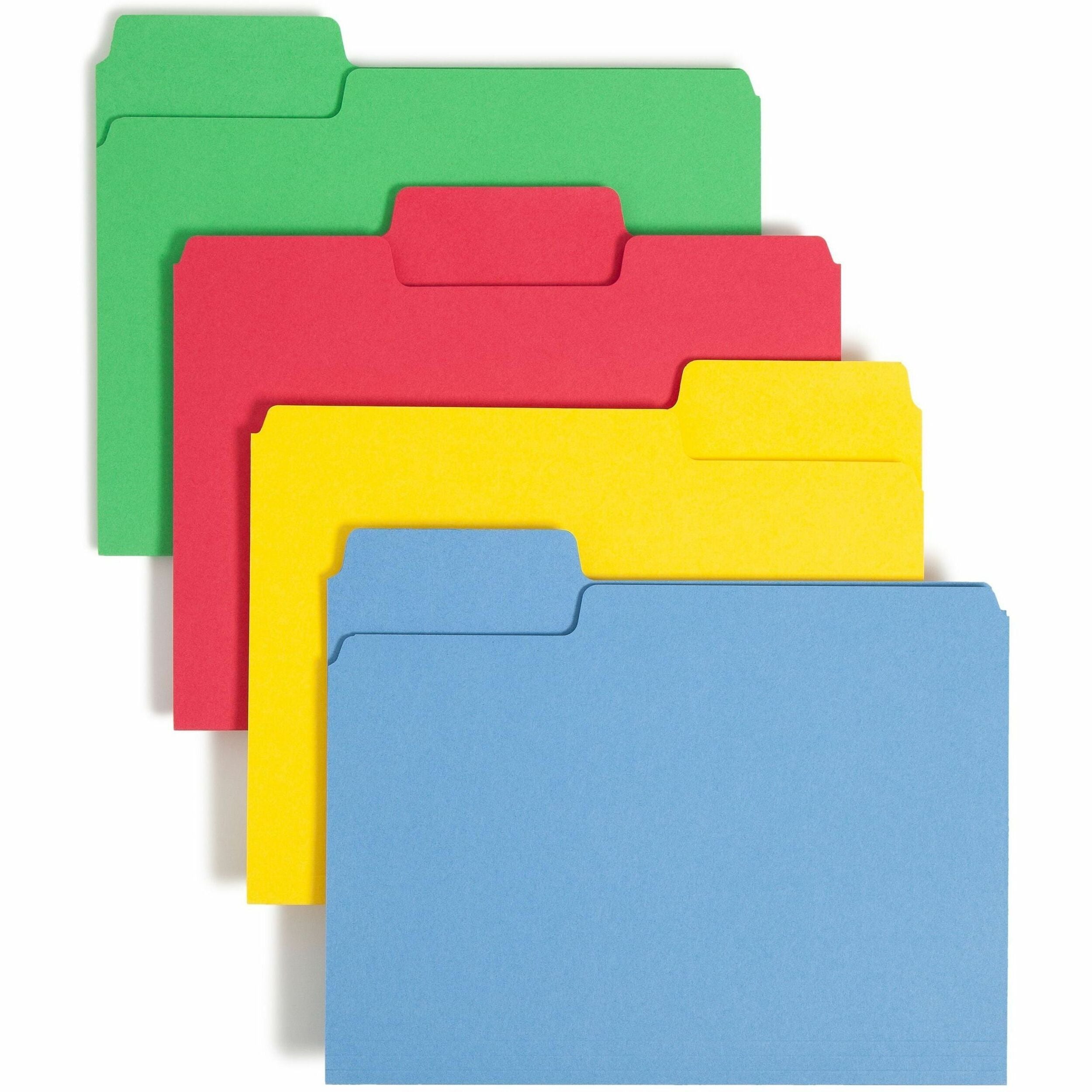 Smead SuperTab 1/3 Tab Cut Letter Recycled Top Tab File Folder - 8 1/2" x 11" - 3/4" Expansion - Top Tab Location - Assorted Tab Position - 11 pt. - 1 Plys - Blue, Green, Yellow, Red - 10% Recycled - 100 / Box