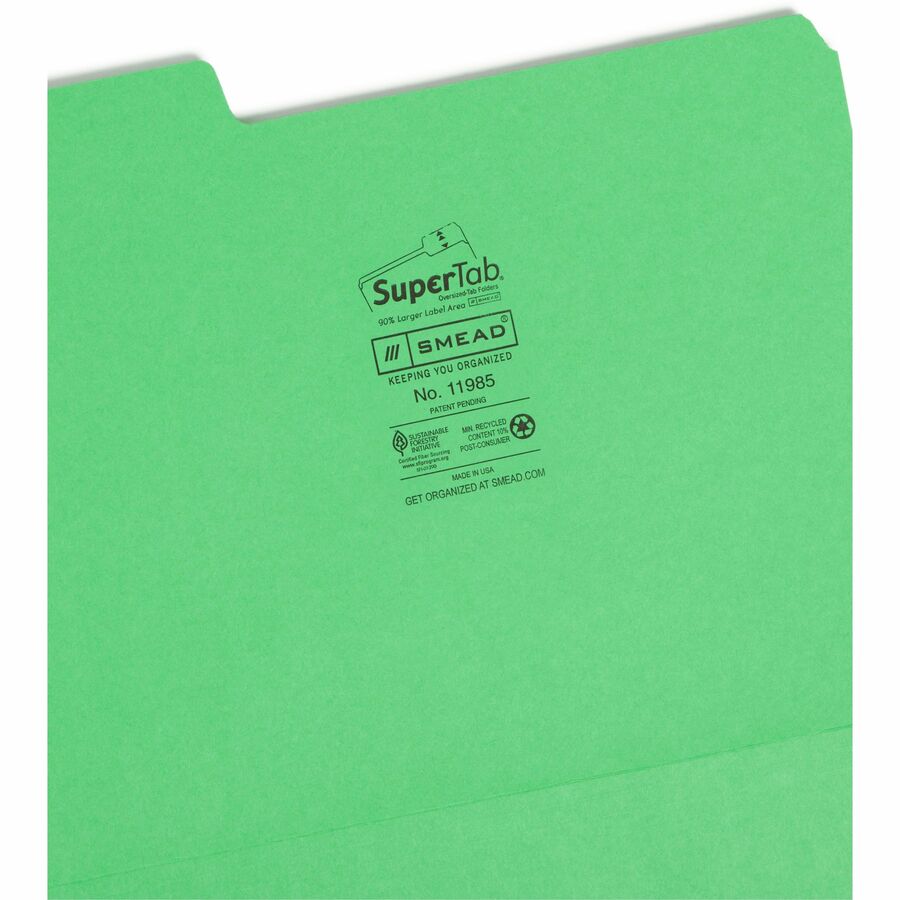 Smead SuperTab 1/3 Tab Cut Letter Recycled Top Tab File Folder - 8 1/2" x 11" - 3/4" Expansion - Top Tab Location - Assorted Tab Position - 11 pt. - 1 Plys - Green - 10% Recycled - 100 / Box