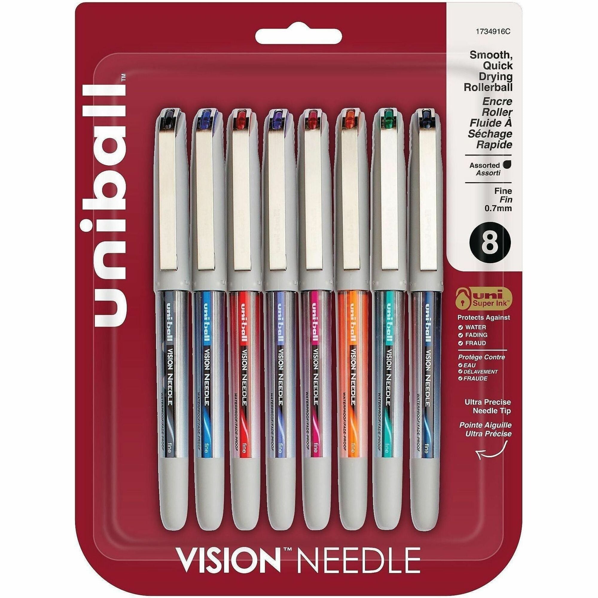 uniball&#8482; Vision Needle Rollerball Pens - 0.7 mm Fine Needle Pen Point - Blue, Black, Green, Orange, Pink, Purple, Red Ink - Liquid - Silver Barrel - 8 / Pack