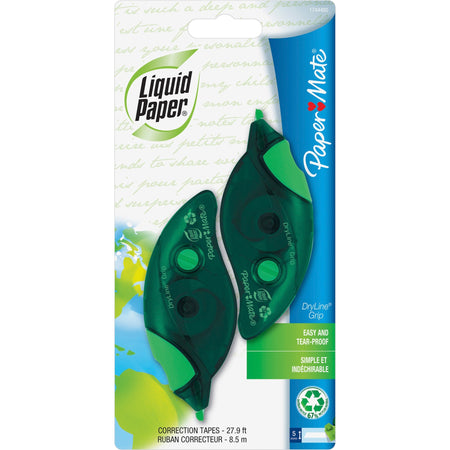 Paper Mate Recycled Correction Tape - 0.20" Tape Width x 27.90 ft Tape Length - 1 Line(s) - White Tape - Ergonomic Dispenser - Non-refillable, Tear Resistant, Break Resistant - Green - 2 / Pack