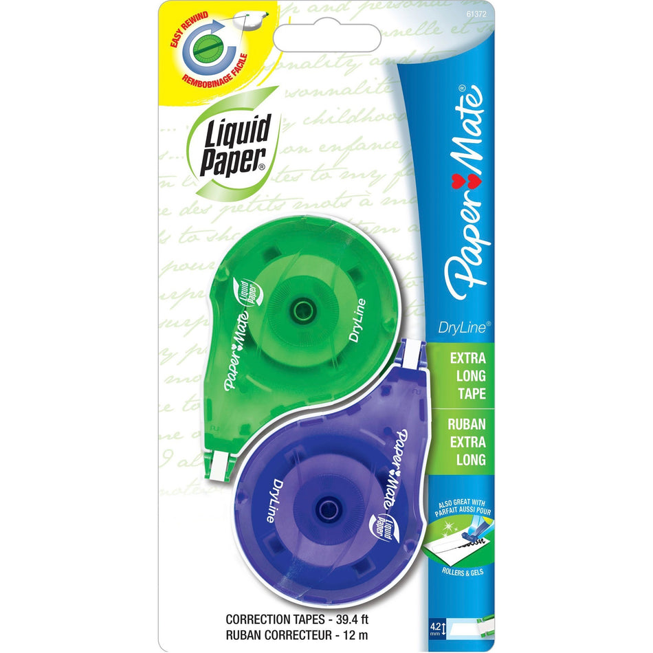Paper Mate Liquid Paper DryLine Correction Tape - 0.20" Tape Width x 39.33 ft Tape Length - 1 Line(s) - White Tape - Blue Dispenser - Non-refillable, Tear Resistant, Break Resistant - Blue - 2 / Pack