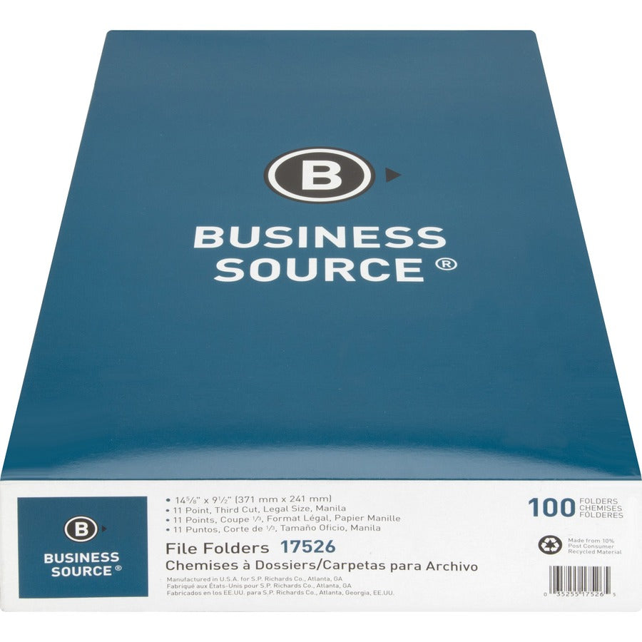 Business Source 1/3 Tab Cut Legal Recycled Top Tab File Folder - 8 1/2" x 14" - 3/4" Expansion - Top Tab Location - Assorted Tab Position - 1 Plys - Manila - Manila - Tab - 10% Recycled - 100 / Box