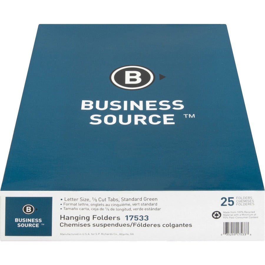 Business Source 1/5 Tab Cut Letter Recycled Hanging Folder - 8 1/2" x 11" - 11 pt. - Green - Acid-free - 100% Recycled - 25 / Box