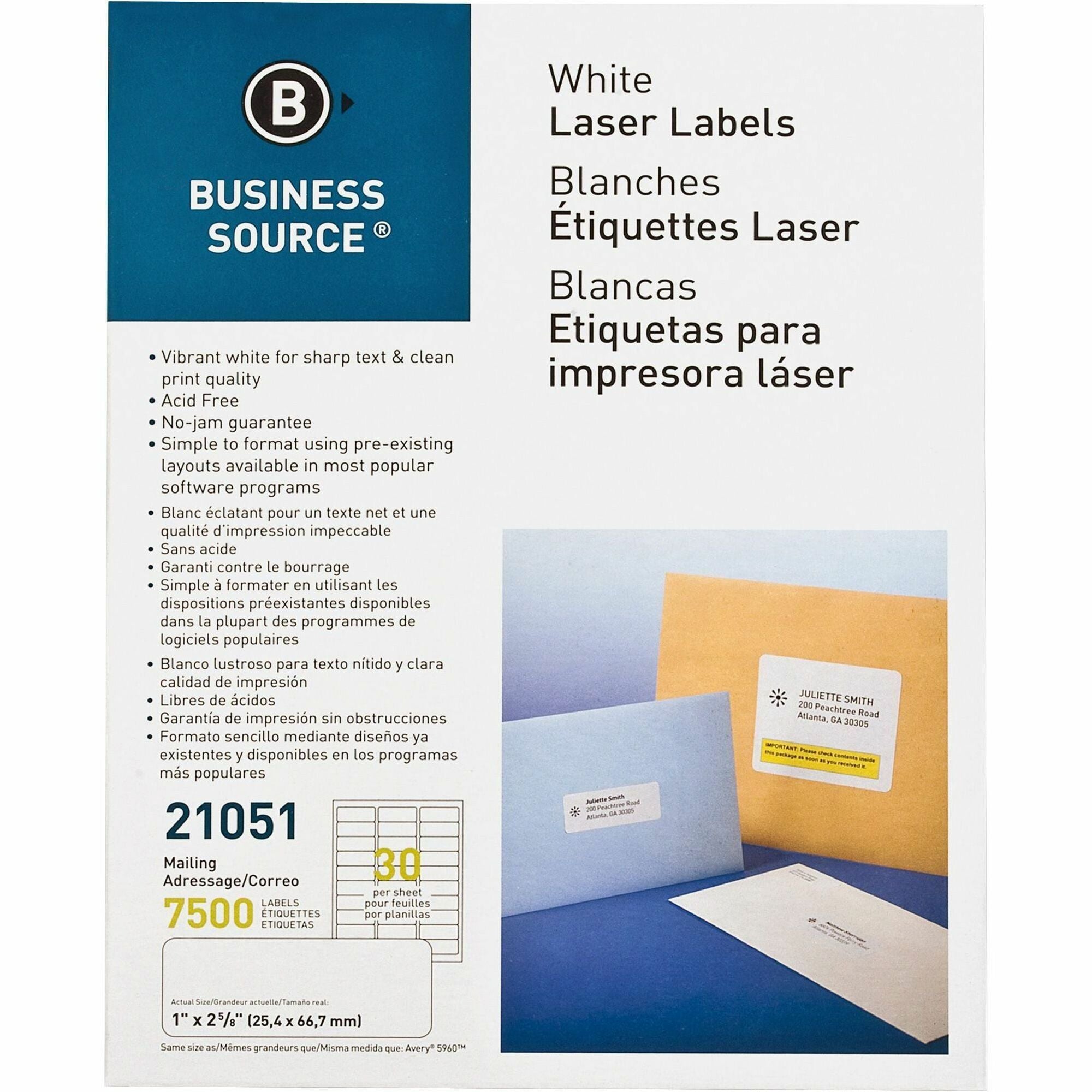 Business Source Bright White Premium-quality Address Labels - 1" Width x 2 5/8" Length - Permanent Adhesive - Rectangle - Laser, Inkjet - White - Jam-free - 30 / Sheet - 250 Total Sheets - 7500 / Pack