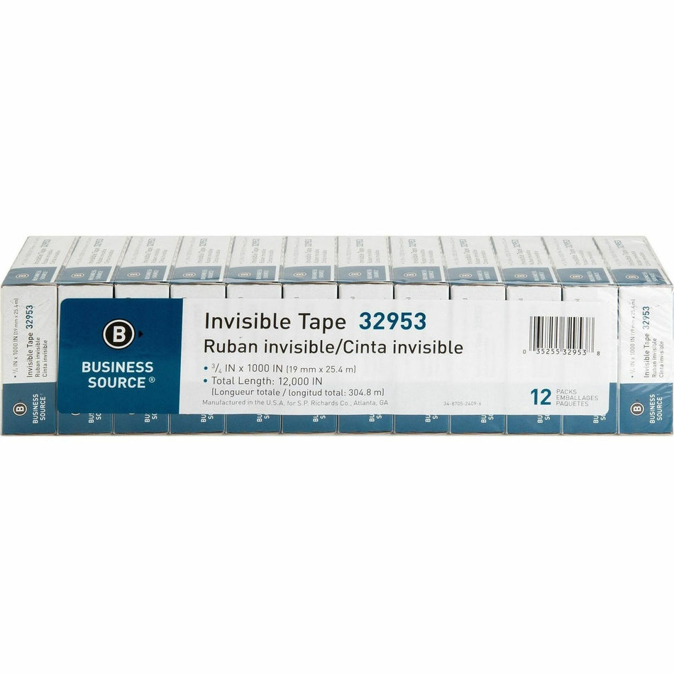 Business Source Premium Invisible Tape Value Pack - 27.78 yd Length x 0.75" Width - 1" Core - Clear - For Multipurpose, Splicing, Mending, Holding - 12 / Pack