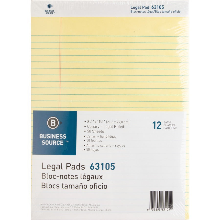 Business Source Micro-Perforated Legal Ruled Pads - 50 Sheets - 0.34" Ruled - 16 lb Basis Weight - 8 1/2" x 11 3/4" Sheet Size - Canary Paper - Micro Perforated, Easy Tear, Sturdy Back - 1 Dozen
