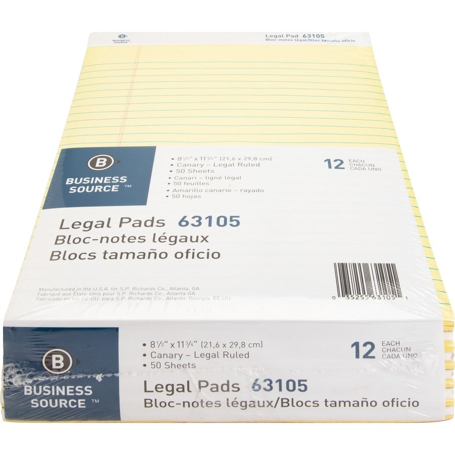 Business Source Micro-Perforated Legal Ruled Pads - 50 Sheets - 0.34" Ruled - 16 lb Basis Weight - 8 1/2" x 11 3/4" Sheet Size - Canary Paper - Micro Perforated, Easy Tear, Sturdy Back - 1 Dozen