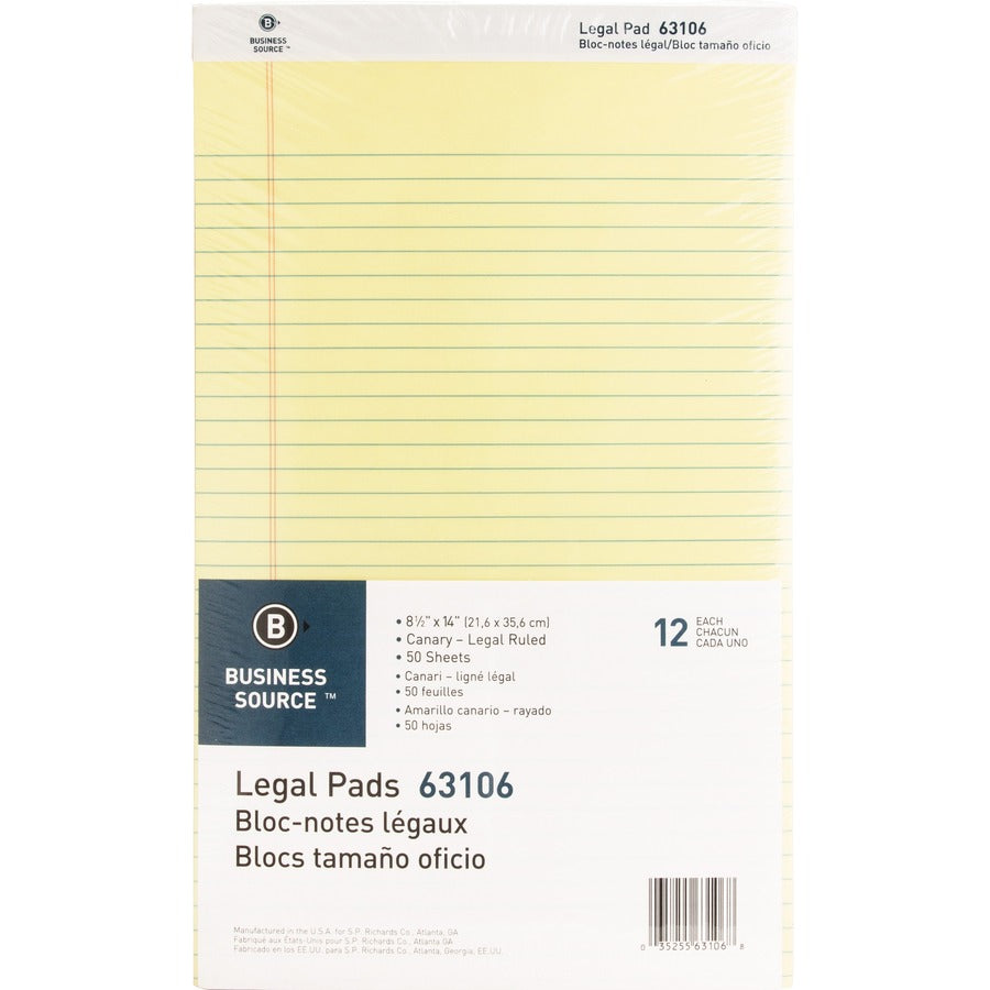 Business Source Legal Pads - 50 Sheets - 0.34" Ruled - 16 lb Basis Weight - Legal - 8 1/2" x 14" Sheet Size - Canary Paper - Micro Perforated, Easy Tear, Sturdy Back - 1 Dozen