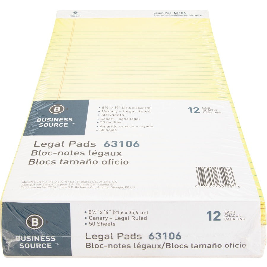 Business Source Legal Pads - 50 Sheets - 0.34" Ruled - 16 lb Basis Weight - Legal - 8 1/2" x 14" Sheet Size - Canary Paper - Micro Perforated, Easy Tear, Sturdy Back - 1 Dozen
