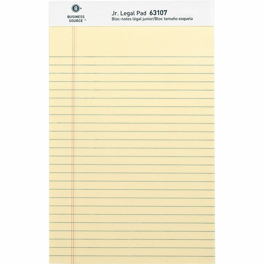 Business Source Writing Pads - 50 Sheets - 0.28" Ruled - 16 lb Basis Weight - Jr.Legal - 8" x 5" Sheet Size - Canary Paper - Micro Perforated, Easy Tear, Sturdy Back - 1 Dozen
